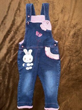 Kids Navy Denim Overalls with Pink Bunny Accent #easter